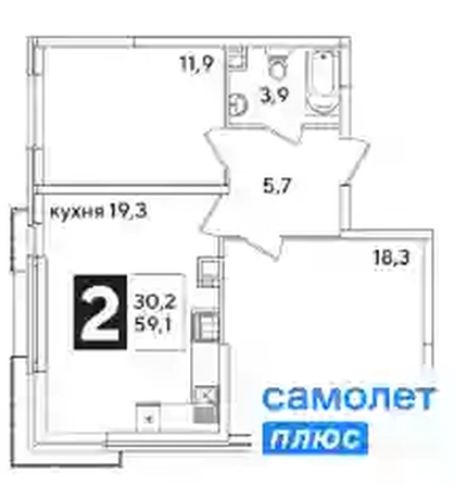 
   Продам 2-комнатную, 59.1 м², Самолет, литера 63

. Фото 7.