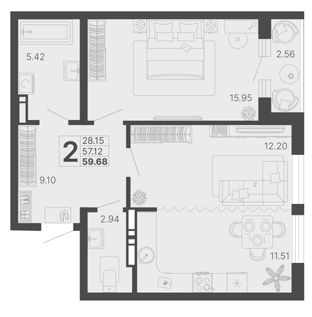 
   Продам 2-комнатную, 58.4 м², Светский лес, литер 4

. Фото 11.