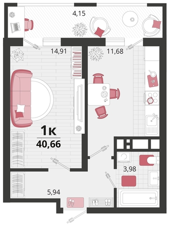 
   Продам 1-комнатную, 40.66 м², Родные просторы, литера 13

. Фото 4.