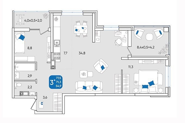 
   Продам 3-комнатную, 77.8 м², Любимово мкр, 18к1

. Фото 1.