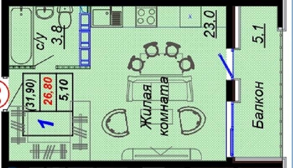 
   Продам 1-комнатную, 31.9 м², Российская ул, 6/21

. Фото 2.