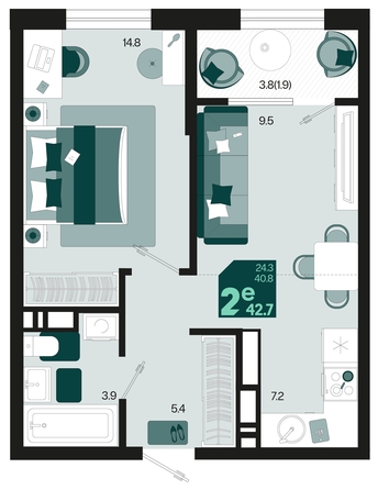 
   Продам 2-комнатную, 42.7 м², Первое место, квартал 1.1, литер 1

. Фото 11.