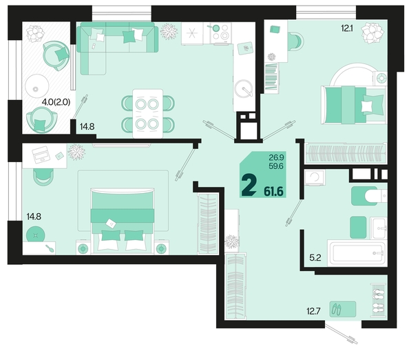 
   Продам 2-комнатную, 61.6 м², Первое место, квартал 1.4, литер 1

. Фото 11.