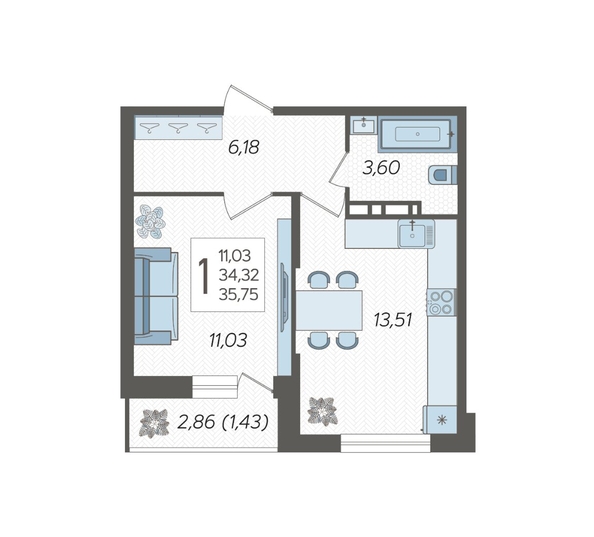 
   Продам 1-комнатную, 35.75 м², Смородина, литера 18

. Фото 2.