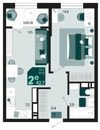 
   Продам 2-комнатную, 42.7 м², Первое место, квартал 1.10, литер 2

. Фото 11.