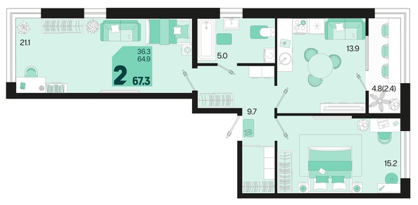 
   Продам 2-комнатную, 67.3 м², Первое место, квартал 1.6, литер 1

. Фото 6.