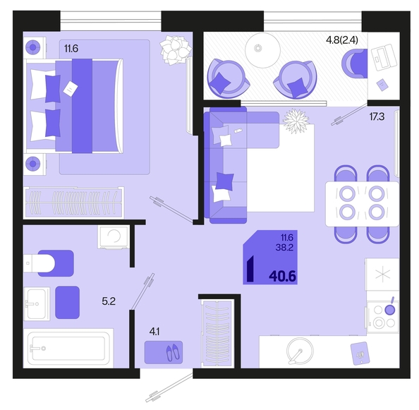 
   Продам 1-комнатную, 40.6 м², Первое место, квартал 1.6, литер 1

. Фото 6.