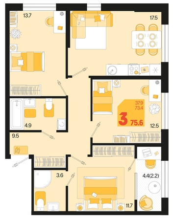 
   Продам 3-комнатную, 75.6 м², Первое место, квартал 1.6, литер 1

. Фото 6.