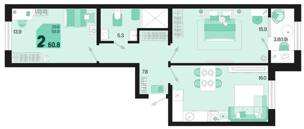 
   Продам 2-комнатную, 60.8 м², Первое место, квартал 1.6, литер 1

. Фото 6.