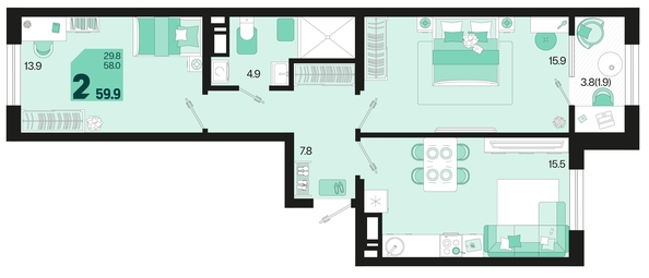 
   Продам 2-комнатную, 59.9 м², Первое место, квартал 1.6, литер 1

. Фото 6.