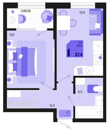 
   Продам 1-комнатную, 37.4 м², Первое место, квартал 1.6, литер 1

. Фото 6.