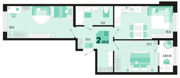 
   Продам 2-комнатную, 65.8 м², Первое место, квартал 1.6, литер 1

. Фото 12.