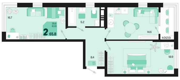 
   Продам 2-комнатную, 65.8 м², Первое место, квартал 1.6, литер 1

. Фото 6.