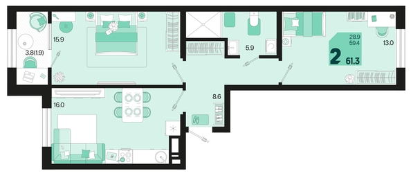 
   Продам 2-комнатную, 61.3 м², Первое место, квартал 1.6, литер 1

. Фото 6.