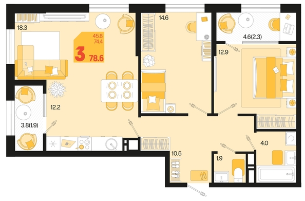 
   Продам 3-комнатную, 78.6 м², Первое место, квартал 1.6, литер 1

. Фото 6.