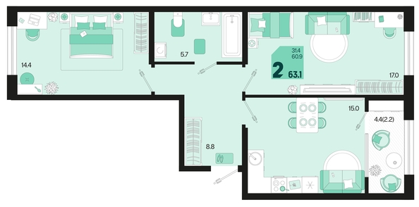 
   Продам 2-комнатную, 63.1 м², Первое место, квартал 1.6, литер 1

. Фото 6.