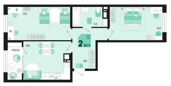 
   Продам 2-комнатную, 62.3 м², Первое место, квартал 1.6, литер 1

. Фото 6.