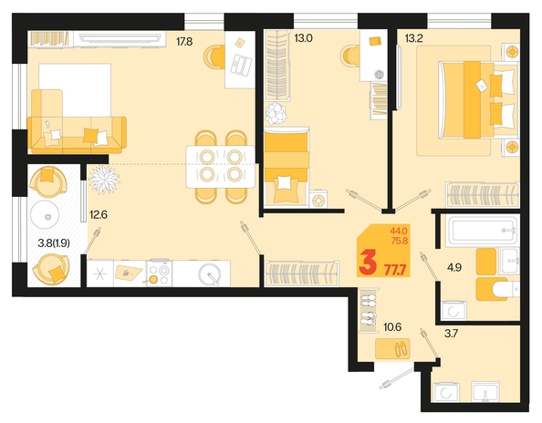 
   Продам 3-комнатную, 77.7 м², Первое место, квартал 1.6, литер 2

. Фото 12.