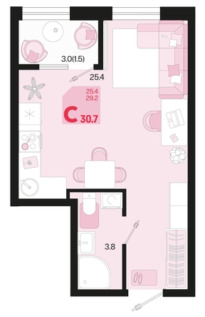 
   Продам 1-комнатную, 30.7 м², Первое место, квартал 1.6, литер 2

. Фото 6.