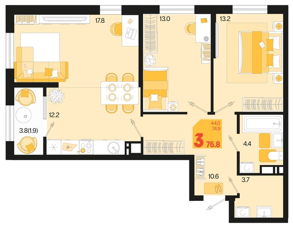 
   Продам 3-комнатную, 76.8 м², Первое место, квартал 1.6, литер 2

. Фото 6.