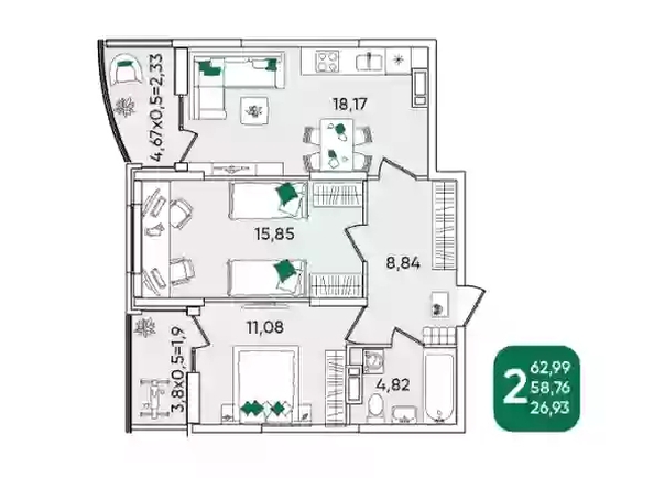 
   Продам 2-комнатную, 62.99 м², Любимово мкр, 2

. Фото 8.