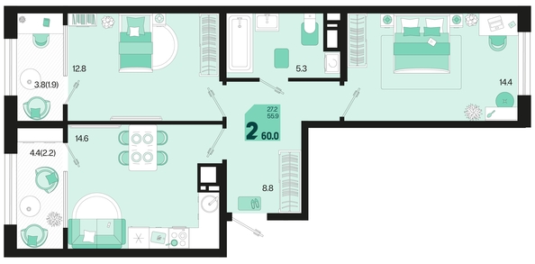 
   Продам 2-комнатную, 60 м², Первое место, квартал 1.1, литер 2

. Фото 11.