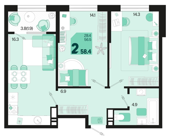 
   Продам 2-комнатную, 58.4 м², Первое место, квартал 1.3, литер 2

. Фото 6.