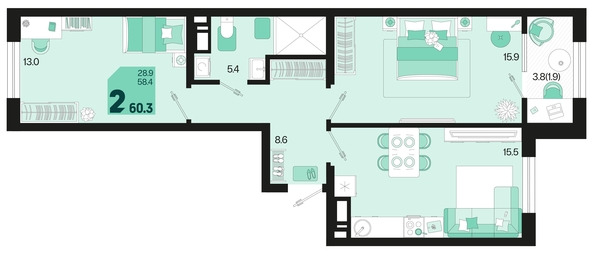 
   Продам 2-комнатную, 60.3 м², Первое место, квартал 1.2, литер 2

. Фото 6.