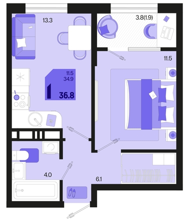 
   Продам 1-комнатную, 36.8 м², Первое место, квартал 1.2, литер 2

. Фото 6.