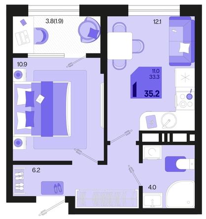 
   Продам 1-комнатную, 35.2 м², Первое место, квартал 1.4, литер 2

. Фото 6.