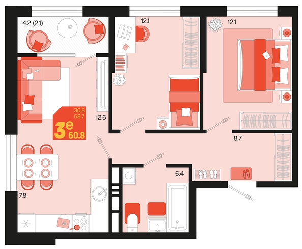 
   Продам 3-комнатную, 60.8 м², Первое место, квартал 1.4, литер 2

. Фото 6.