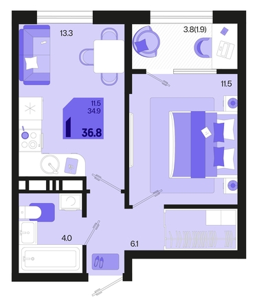 
   Продам 1-комнатную, 36.8 м², Первое место, квартал 1.6, литер 1

. Фото 6.