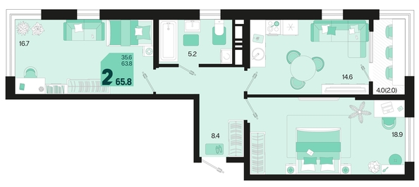 
   Продам 2-комнатную, 65.8 м², Первое место, квартал 1.5, литер 1

. Фото 6.