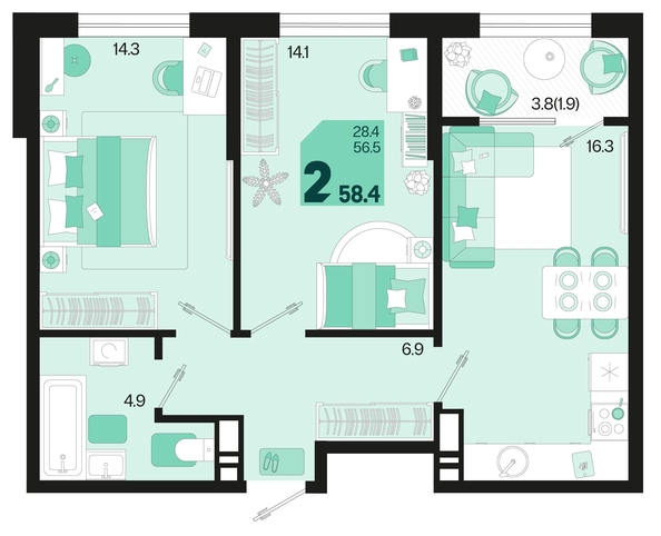 
   Продам 2-комнатную, 58.4 м², Первое место, квартал 1.5, литер 1

. Фото 6.