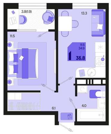 
   Продам 1-комнатную, 36.8 м², Первое место, квартал 1.5, литер 1

. Фото 6.