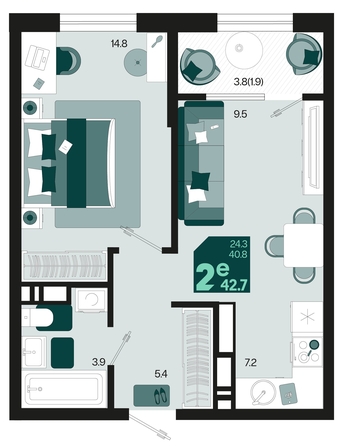 
   Продам 2-комнатную, 42.7 м², Первое место, квартал 1.4, литер 1

. Фото 6.