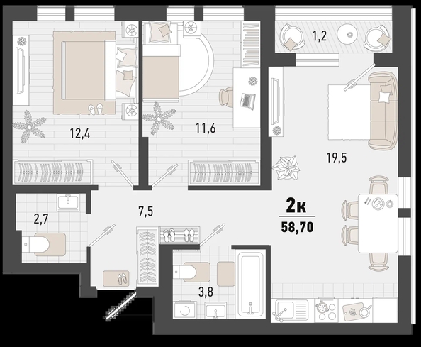 
   Продам 2-комнатную, 58.7 м², Барса, 4В литер

. Фото 6.