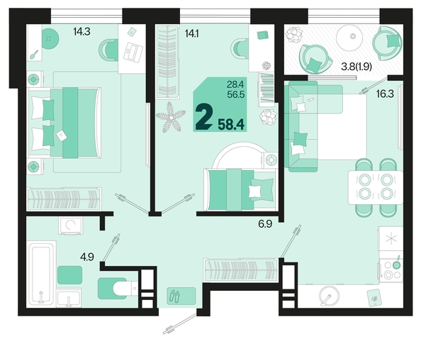 
   Продам 2-комнатную, 58.4 м², Первое место, квартал 1.1, литер 2

. Фото 6.