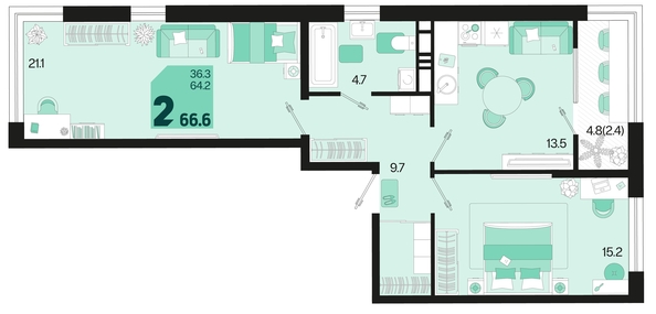 
   Продам 2-комнатную, 66.6 м², Первое место, квартал 1.10 литер 1

. Фото 6.