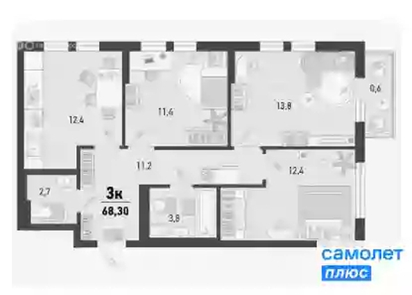 
   Продам 3-комнатную, 68.3 м², Барса, 1В литер

. Фото 11.