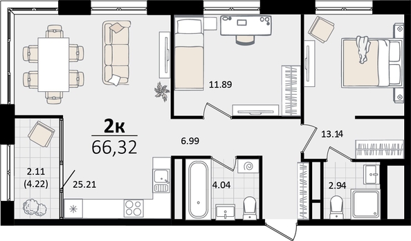 
   Продам 2-комнатную, 66.32 м², Патрики, литер 5.1

. Фото 4.