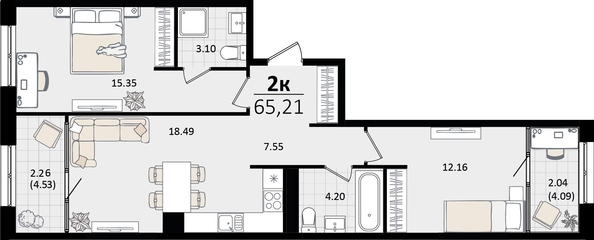 
   Продам 2-комнатную, 65.21 м², Патрики, литер 4.1

. Фото 4.