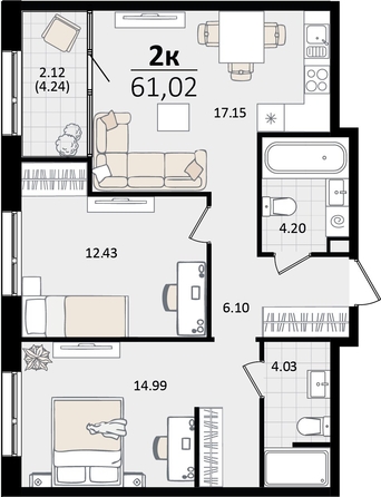 
   Продам 2-комнатную, 61.02 м², Патрики, литер 5.1

. Фото 4.