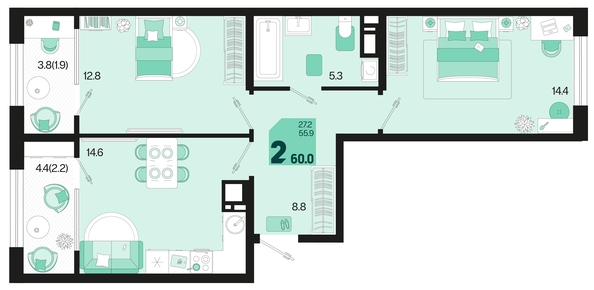 
   Продам 2-комнатную, 60 м², Первое место, квартал 1.10 литер 1

. Фото 6.