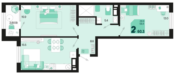 
   Продам 2-комнатную, 60.3 м², Первое место, квартал 1.10 литер 1

. Фото 6.