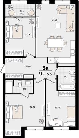 
   Продам 3-комнатную, 92.53 м², Патрики, литер 2

. Фото 4.