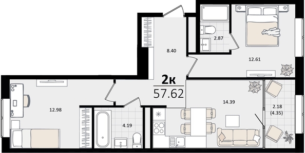 
   Продам 2-комнатную, 57.62 м², Патрики, литер 2

. Фото 4.