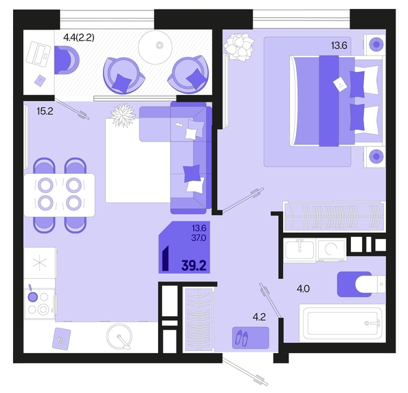 
   Продам 1-комнатную, 39.2 м², Первое место, квартал 1.3, литер 2

. Фото 6.