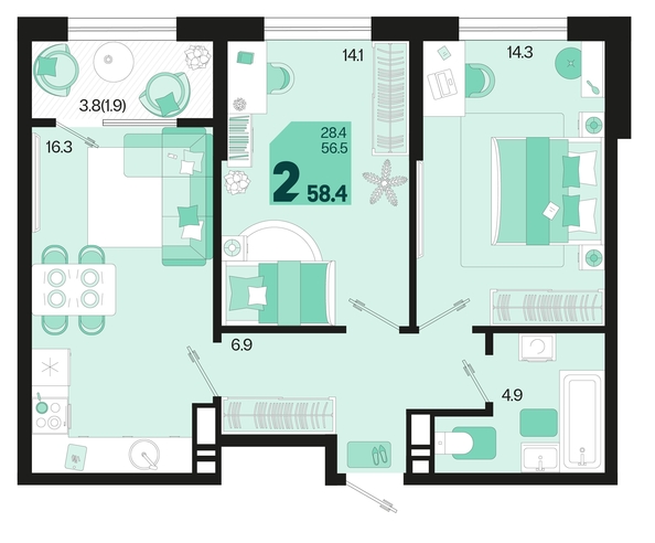 
   Продам 2-комнатную, 58.4 м², Первое место, квартал 1.6, литер 1

. Фото 6.