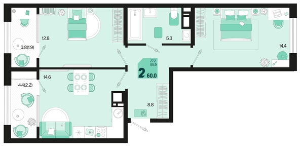 
   Продам 2-комнатную, 60 м², Первое место, квартал 1.6, литер 1

. Фото 6.